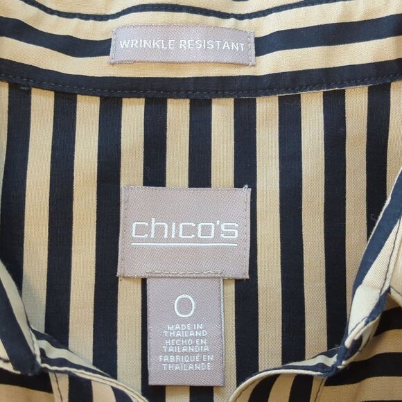 Chicos Blouse Sz 0 Sz 4 Black Tan Stripe Button-Down Shirt long sleeve collared - Picture 6 of 12